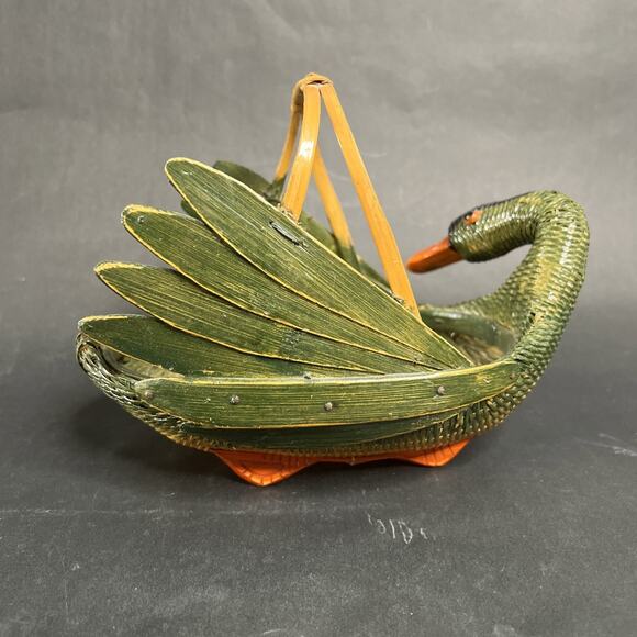 Vintage Wicker Duck Basket-Hand-Painted Bamboo Small Lifelike Wings VTG Folk Art - Picture 4 of 7